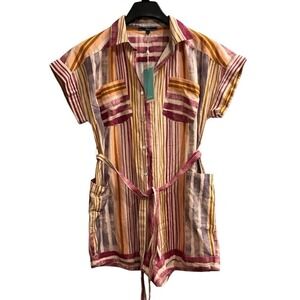 Shore‎ Romper Women S Mixed Striped Cotton Linen Blend Button Front Beach Resort